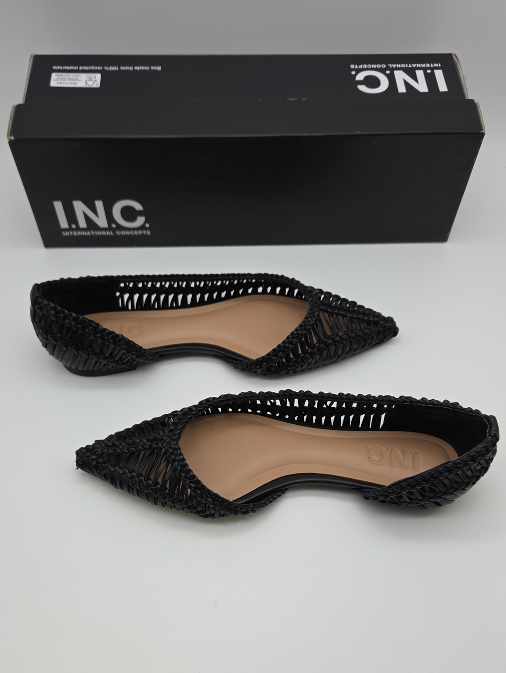 INC International Concepts Black Woven Pointed Flats with Nude Insole